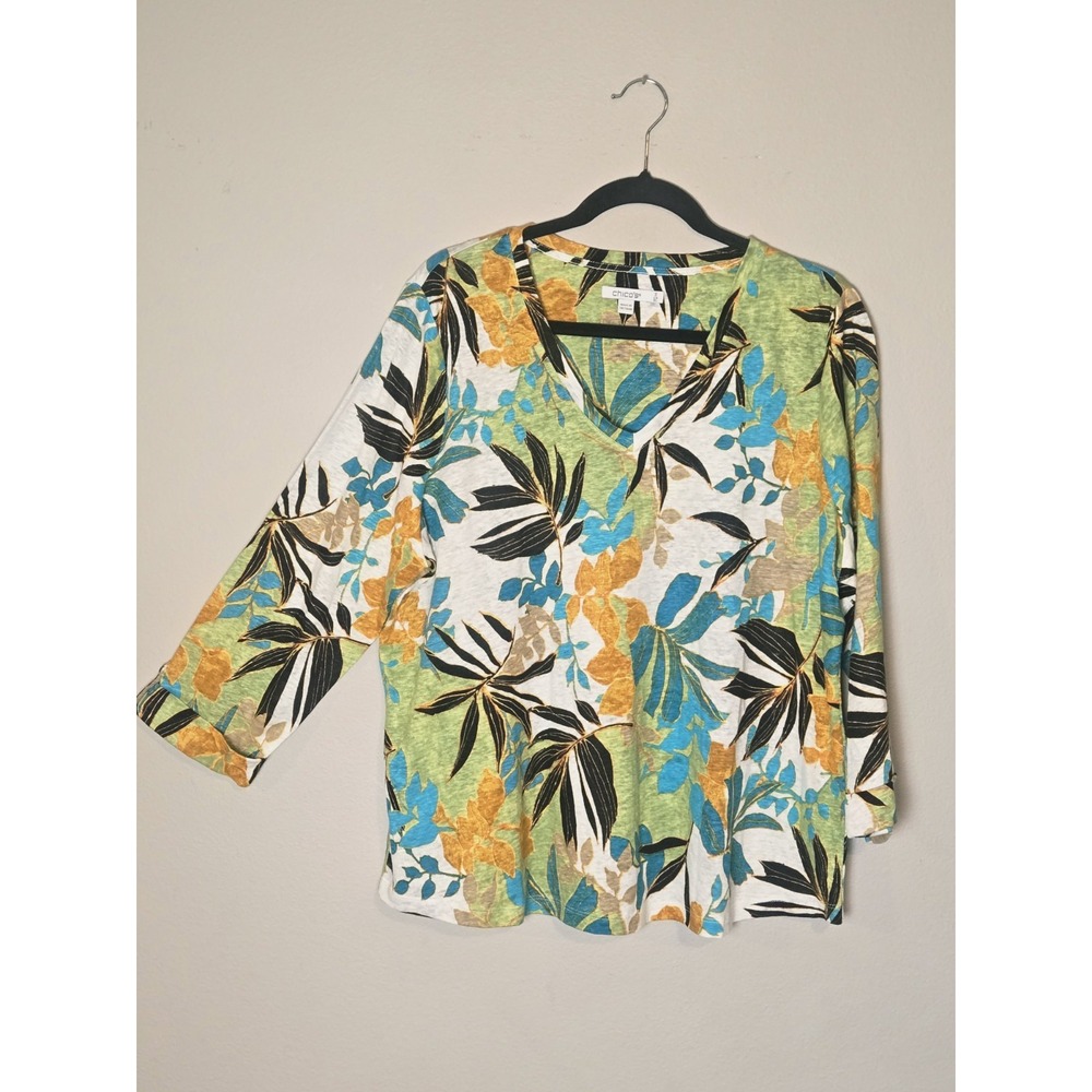 Chicos Women's Linen Top Sz 3 XL Tropical Floral 3/4 Sleeve Lightweight Drapey